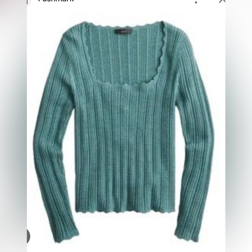 J CREW NWT Scalloped Square Neck Pointelle Sweater Merino Wool Teal Green Large